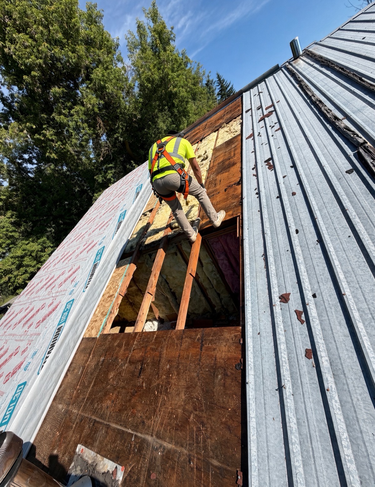 Deck repair during a tear-off — failed sheathing out, new underlayment going on